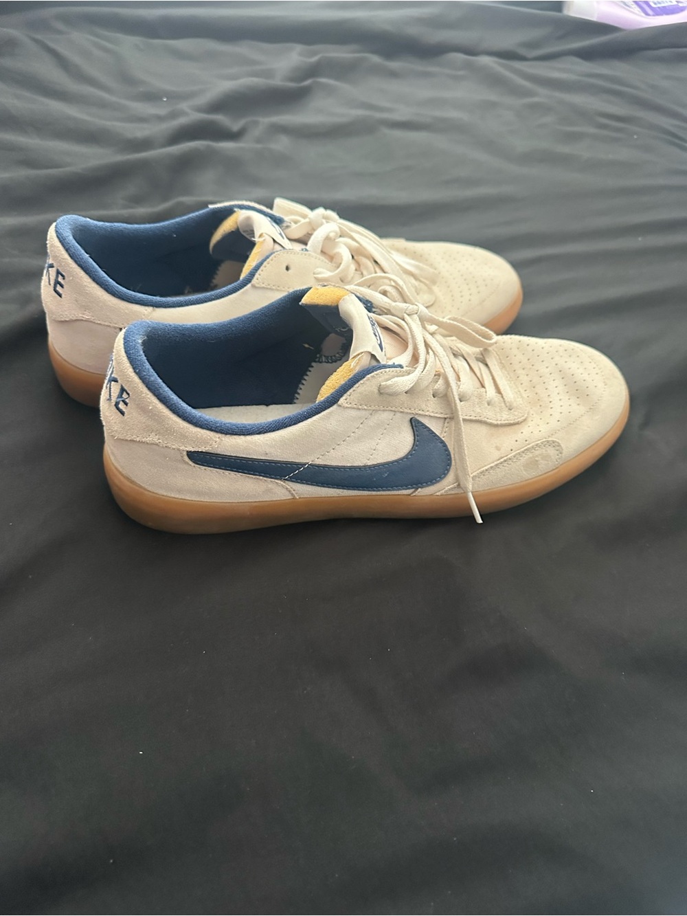 Nike Beige Suede Sneakers with Navy Blue Swoosh